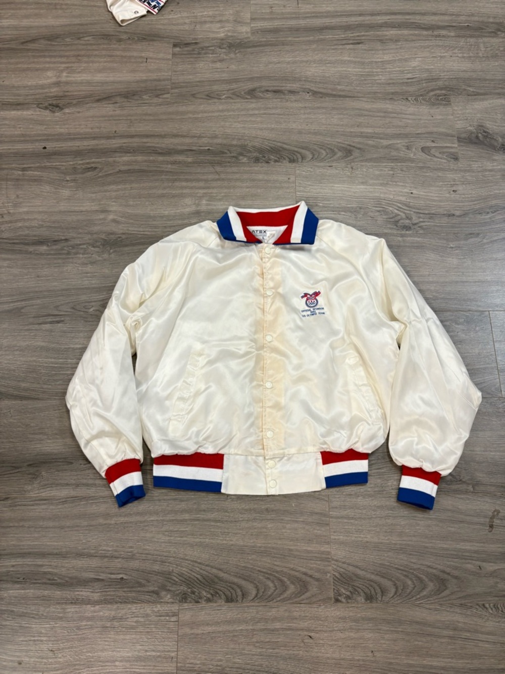 Vintage Cream Olympic Satin Bomber Jacket with Red & Blue Trim - Picture 2 of 8